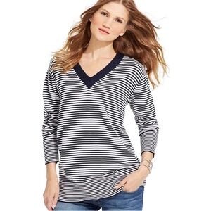 Tommy Hilfiger Striped V-Neck Tunic Sweater Size Large Pullover Long Sle…